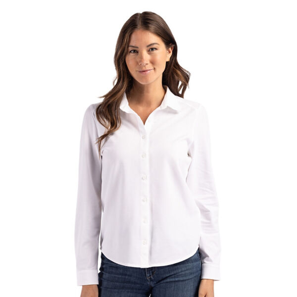 Cutter & Buck Advantage Tri-Blend Eco Soft Pique Long Sleeve Knitted Womens Button Down Thumbnail